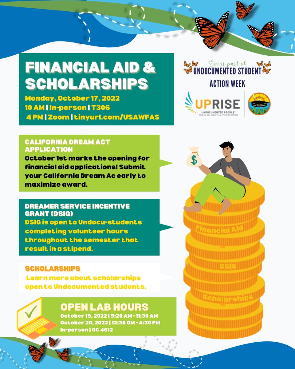 Student_Equity's tweet photo. Events For This Week! Undocumented Student Action Week| Oct 18 UPRISE Internships https://t.co/KRvgGCR4jd| Oct. 19 Armando Ibanez https://t.co/IvYbHN5kIL| Oct 19 Rise Up With UPRISE https://t.co/PEyDovibPs| Oct 19-20 USAW Financial Aid &amp; Scholarships https://t.co/BD5ZgJBBqg| https://t.co/DORMn05C9x