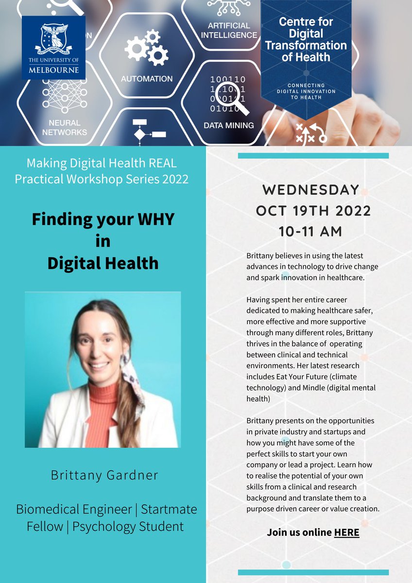 DT4Health's tweet photo. We're excited to welcome Brittany Gardner as our next presenter as part of our #makedigihealthREAL workshop series ๐ฅ๏ธ๐ค๐ง
Join us every WED at 10am AEDT!
๐ฑ๏ธhttps://t.co/qbV2ASykyr
#digitalhealth #datadrivenhealth #findingyourWHY https://t.co/0XPokUJrow