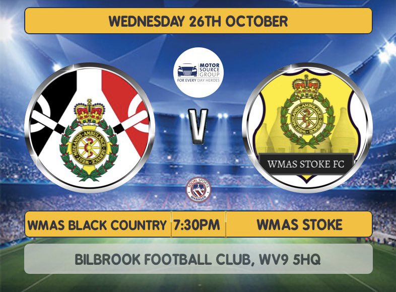 Our next <a href="/Motor_Source/">Motor Source Group</a> <a href="/ESFL20/">Emergency Services Football League</a> league game is on 26th Oct, 7:30pm kick off. Against our colleagues @wmasstokefc. Played at our new home ground Bilbrook Fc, Wolverhampton, WV9 5HQ