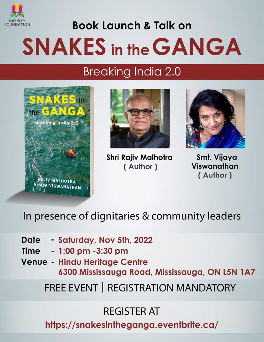 hindutimescan's tweet photo. Book Launch and talk on "SNAKES in the GANGA"

Register at - https://t.co/rREHmTklUU

@RajivMessage 
@InfinityMessage 

#RajivMalhotra #infinityfoundation #Toronto https://t.co/WSBjqjJoyO
