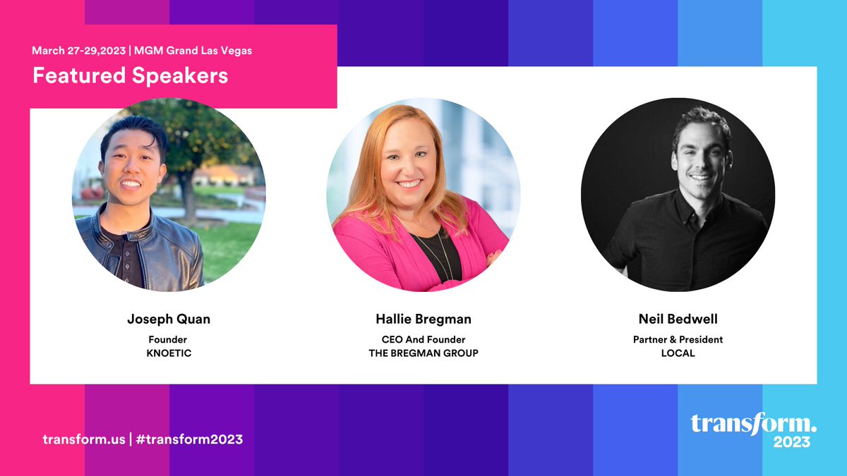 Welcoming Joseph Quan, Hallie Bregman, and <a href="/Neilbedwell/">Neil Bedwell</a> to the line up of Transform 2023! We cannot wait to learn what unique perspectives each of you will bring to your sessions.

Join us March 27-29, 2023 in Las Vegas: lnkd.in/gsqXNaHs

#transform2023 #HR