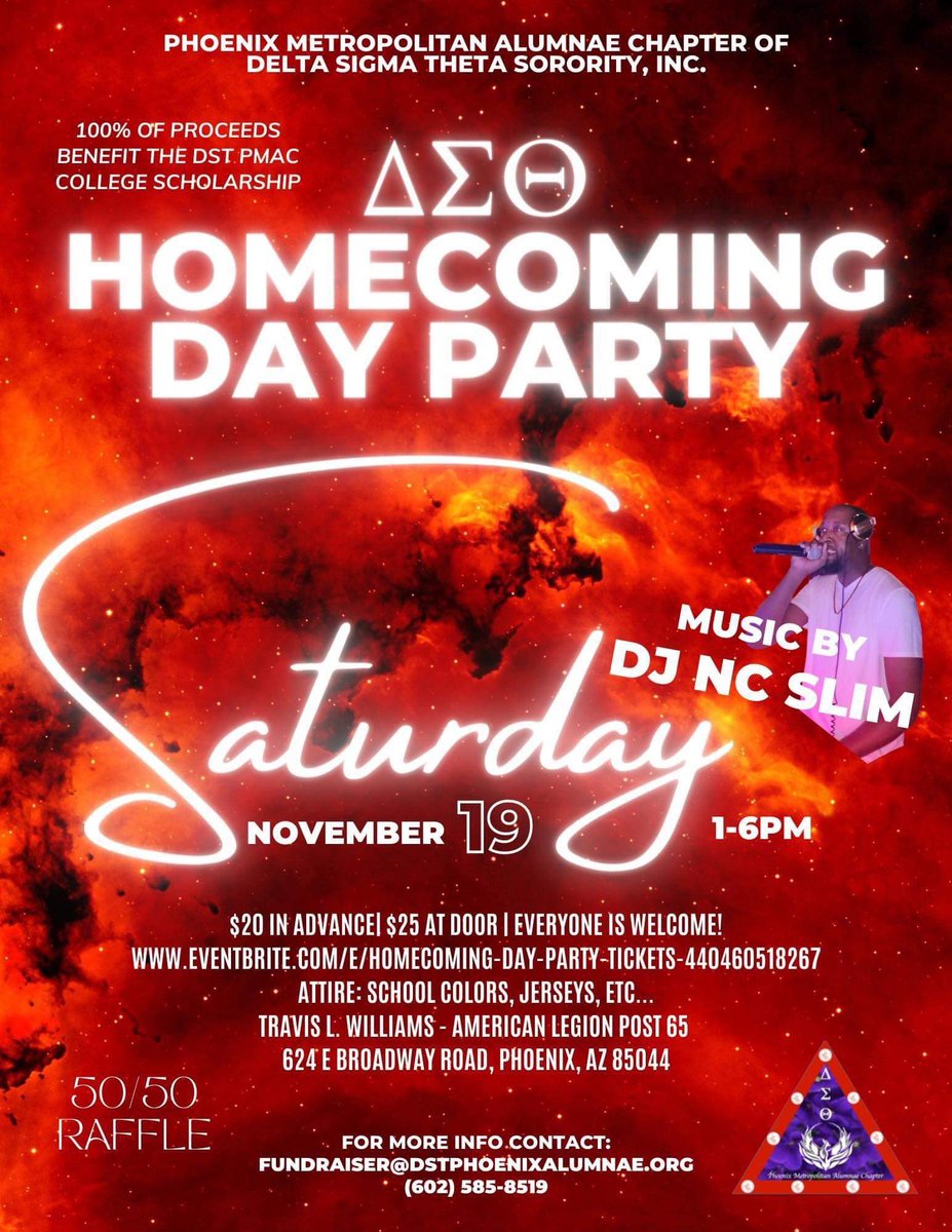 Join the ladies of DST on 11/19 from 1-6pm at American Legion!

$20 in advance| $25 at the door Everyone is welcomed! 

Attire: School colors, Jerseys, etc. 

You can purchase tickets in advance at: bit.ly/3TsimJ3

#dayparty #phoenix #DST #Fundraiser