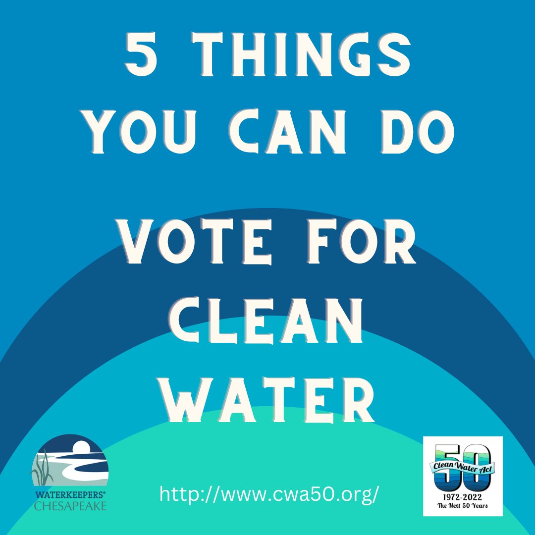 WaterkeepersCP's tweet photo. On Oct 18th, the Clean Water Act turns 50. We offer you 5 things you can do for clean water to help celebrate. Help us protect clean water for the next 50 years! #CWA50 #CleanWaterAct50

1. #VoteforCleanWater
2. Stop using single use plastics
3. Explore a local waterway https://t.co/pTLOM7CYAC