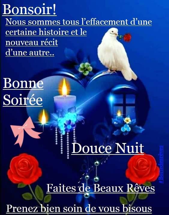 PRINCESSEPATY1's tweet photo. BONSOIR À TOUS 
JE PASSE VOUS SOUHAITEZ UNE AGRÉABLE SOIRÉE RADIEUSE NUIT DOUCE CALME REPOSANTE À TOUS &amp; TOUTES 
PRENEZ GRAND SOIN DE VOUS 
BISOUS BISOUS DU♥️♥️ https://t.co/t6okk5n7Eh
