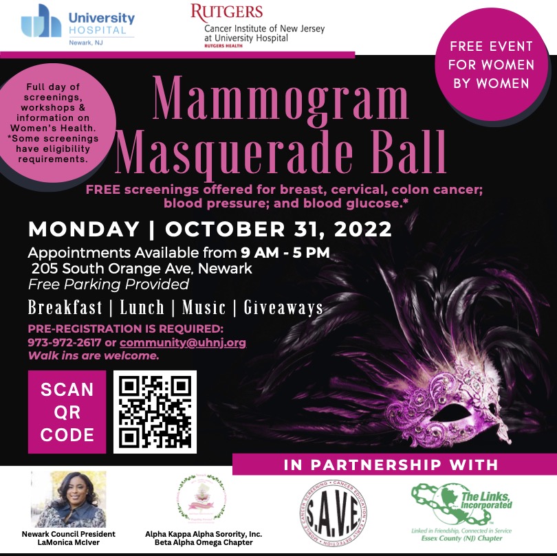 Join us this halloween for a spook-filled day of women's health! The Mammogram Masquerade Ball is back with free food, good music, and a full roster of Women's health workshops, information, and FREE screenings. See flyer for full details.