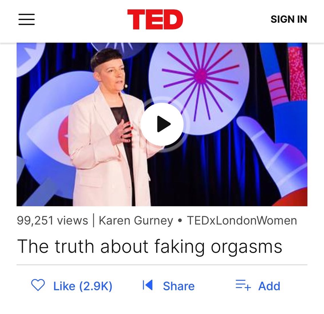 We are so excited to share our TEDxLondonWomen speaker @karengurney5 talk has made it to the TED platform! 🎊✨ Huge congratulations on being featured! 🫶 The talk? 🫦THE TRUTH ABOUT FAKING ORGASMS 😱 Go watch it now 👉 ted.com/talks/karen_gu…