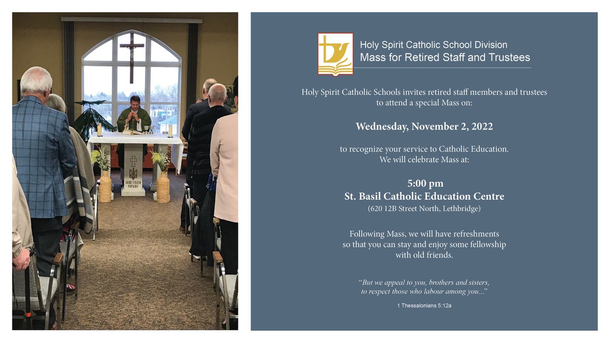 #hs4 invites retired, former, and current staff members and trustees to attend a special Mass on Wednesday, November 2, 2022 to recognize their service to Catholic Education. For RSVP and invitation details, visit: holyspirit.ab.ca/resources_publ… #IBelieveinCatholicEd