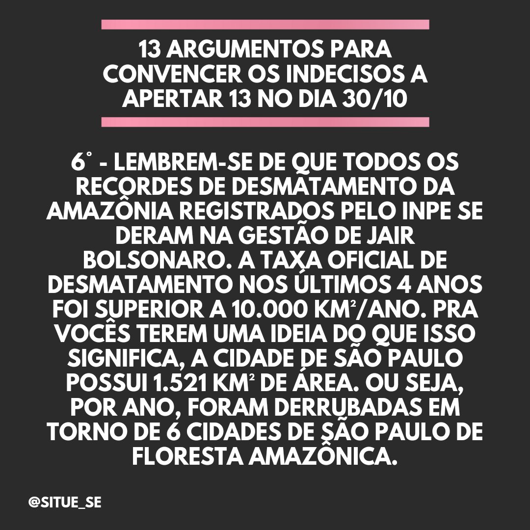 situe_se's tweet photo. Contradizendo o que Bolsonaro disse no debate de ontem: foram 10.000 km²/ano de floresta amazônica no chão durante seu governo. Querer proteger a Amazônia e não querer tirar Bolsonaro do poder são posicionamentos incompatíveis. https://t.co/nwiwhsQe47