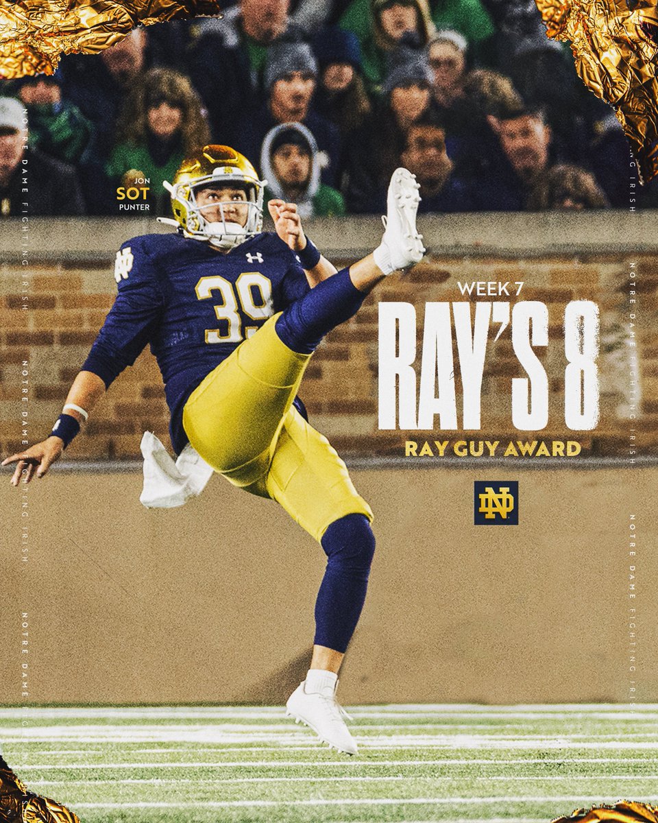 NDFootball's tweet photo. 𝐑𝐚𝐲'𝐬 𝟖

Congratulations @jon_sot_ on being named to @RayGuyAward Ray’s 8

#GoIrish https://t.co/J1gSgwTuxn