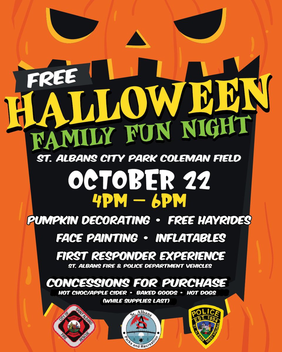 🎃Free #Halloween Fun for the Entire Family
This weekend at St. Albans City Park - Baseball Field.  
4pm - 6pm

👇Complete Event Details👇
my.mtr.cool/zwnmpkgdjd

#LocalNews #localevents #halloween2022 #stalbanswv #freefamilyfun #westvirginia