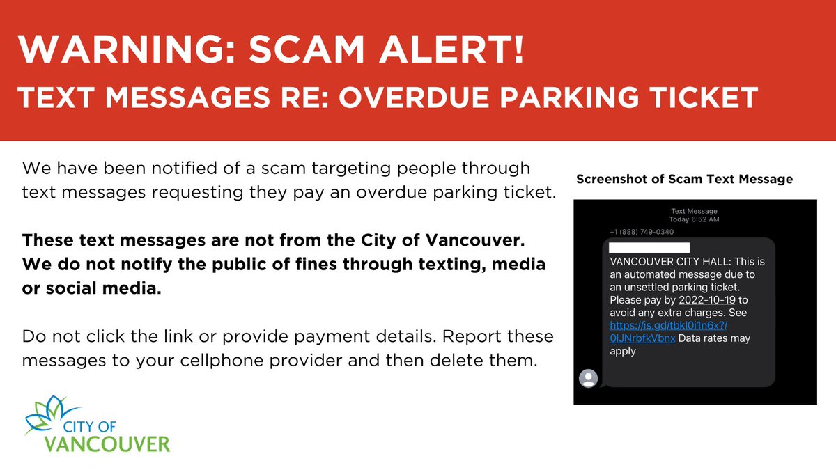 CityofVancouver's tweet image. Warning ⚠️ Scam Alert: We have been notified of a scam targeting people through text messages requesting they pay an overdue parking ticket. This is not the City, we do not notify the public of fines through texting, media or social media. More info ➡️ ow.ly/cEnf50L0kbG