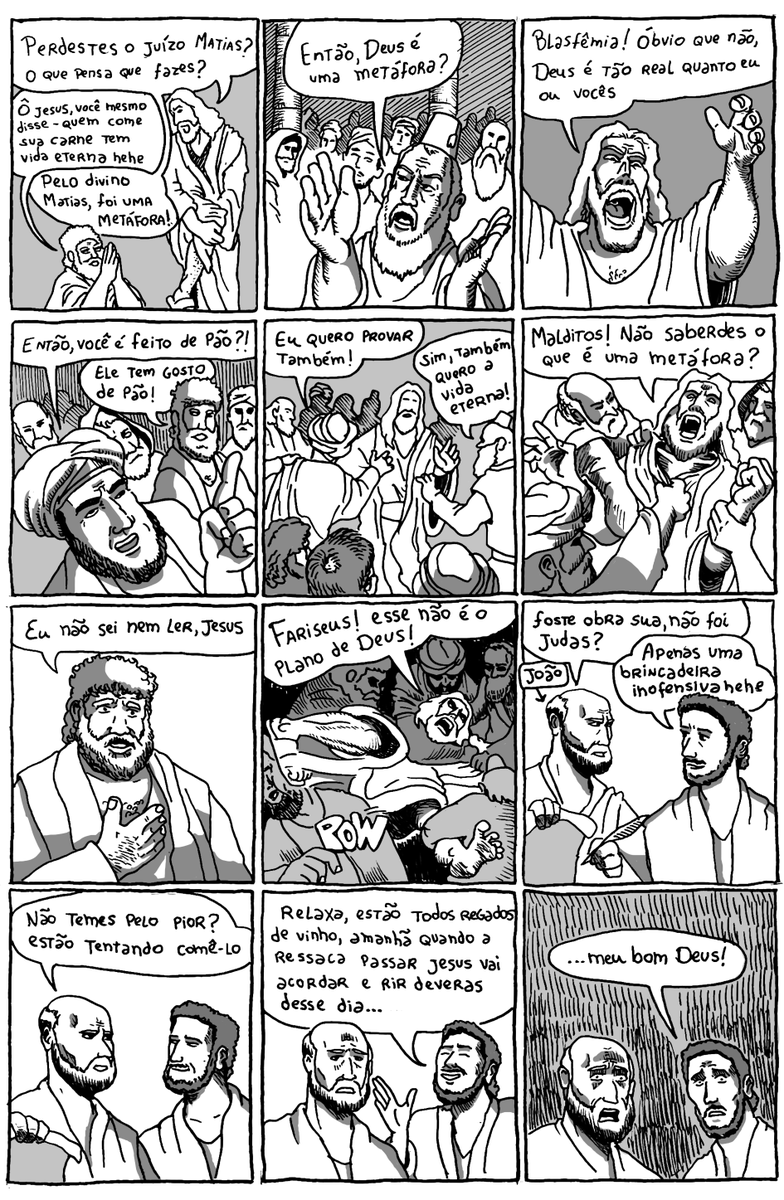mofoart's tweet photo. Metáforas em Cafarnaum é um quadrinho bobo que fiz pegando a bíblia como base e imaginando como seria a interpretação mais idiota/burra possível dos ensinamentos de jesus.

Pois bem, tendo em vista os últimos acontecimentos o quadrinho parece infantil por comparação à realidade. https://t.co/SSAkpLecEU
