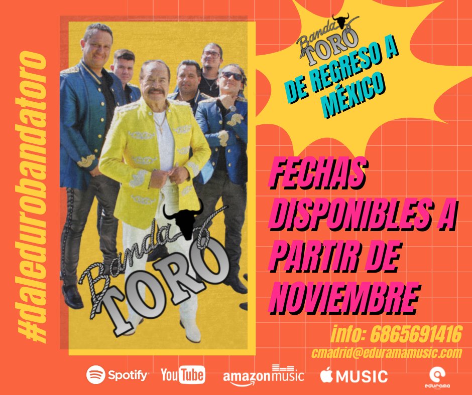 chuymadrid's tweet photo. ¡Que felicidad estar de regreso en México!
Fechas disponibles a partir de Noviembre
¡Dale Duro Banda Toro!
.

.
#bandatoro #eduramamusic #daleduro #baile #feria #fiesta #cumbia #quebradita https://t.co/uVznLKK1WB