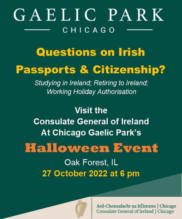 Consulate General of Ireland, Chicago (@irelandchicago) on Twitter photo Join us at <a href="/ChicagoGaelic/">ChicagoGaelicPark</a> Park on Oct 27th - we'll have a table of information on Irish passports, citizenship, studying in Ireland, retiring to Ireland at the fun family Halloween/Samhain party! From 6 pm. <a href="/ICSMidwest/">Irish Community Services</a> <a href="/irelandfundsusa/">irelandfundsusa</a> <a href="/SSIrishParade/">South Side Irish Parade</a> Join us at <a href="/ChicagoGaelic/">ChicagoGaelicPark</a> Park on Oct 27th - we'll have a table of information on Irish passports, citizenship, studying in Ireland, retiring to Ireland at the fun family Halloween/Samhain party! From 6 pm. <a href="/ICSMidwest/">Irish Community Services</a> <a href="/irelandfundsusa/">irelandfundsusa</a> <a href="/SSIrishParade/">South Side Irish Parade</a>