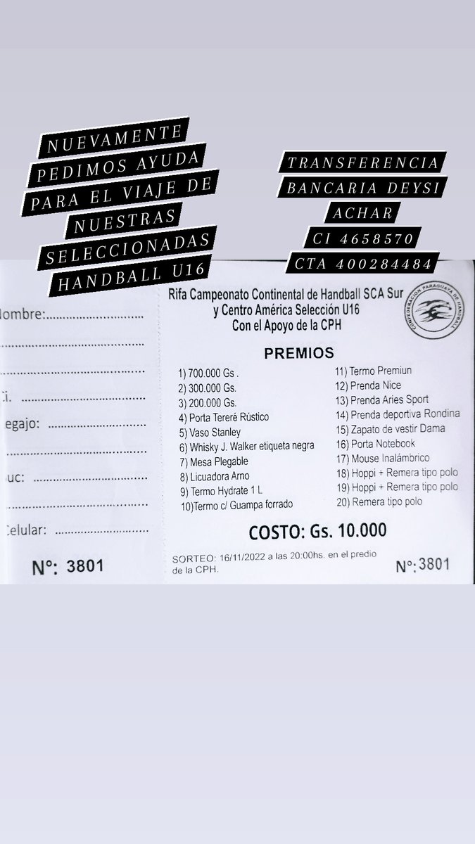 ▶️ PEDIDO DE AYUDA |​ ​​​​🙌

Apoyemos a nuestras deportistas.🇵🇾​​💪

🤾‍♀️​ Piden ayuda para que las seleccionadas de Handball CAT U16 puedan viajar al Campeonato Continental.​🙏

💵Para recaudar están realizando una rifa.

Vía: <a href="/DeysiAchar/">Deysi Achar</a>