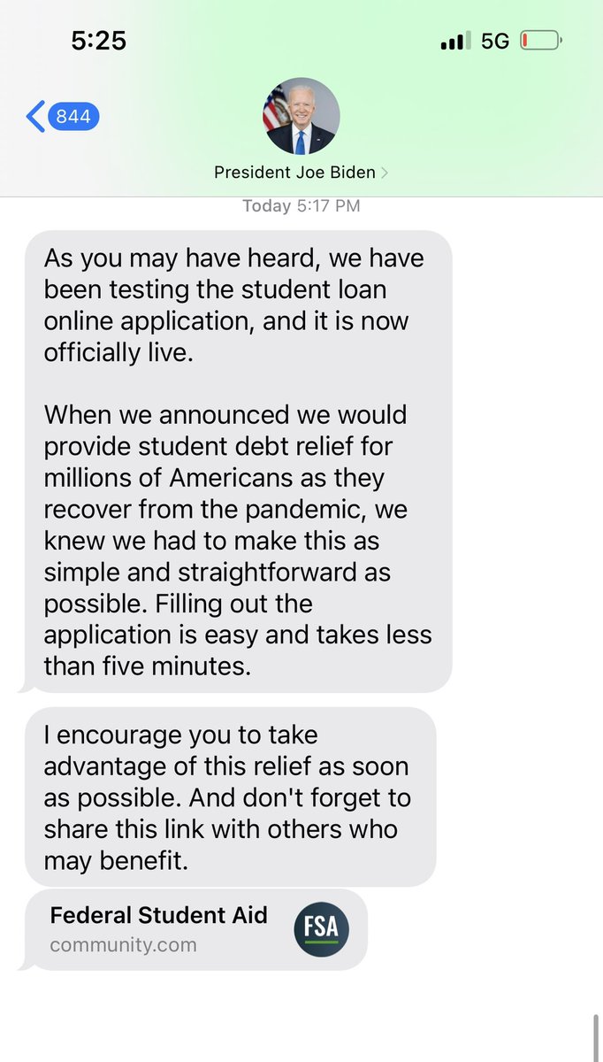 Ooh <a href="/JoeBiden/">Joe Biden</a> just texted everyone to sign up at studentaid.gov to get their student loan relief. 

1. Text your friends and group chats the link to get their debt cancelled. 

2. Text @potus what student loan cancellation means to you at  302-404-0880.