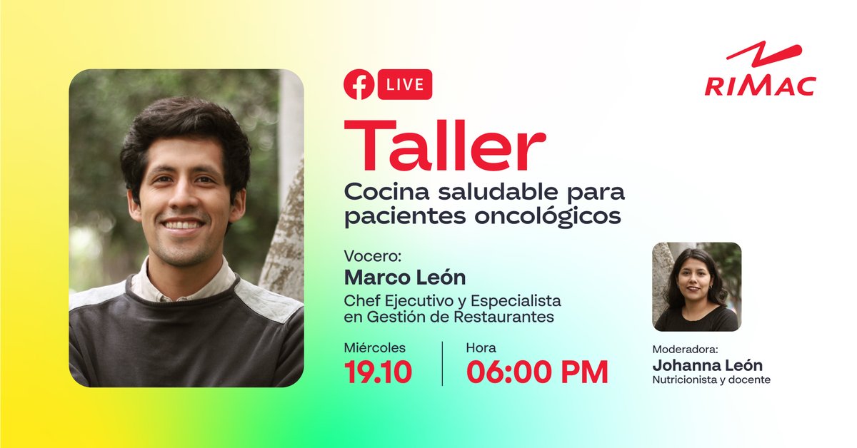 #TallerRIMAC

¿Quieres saber sobre alimentación para pacientes oncológicos? 🤔

🗓 Miércoles 19 de octubre.
⏰ 6:00 p.m.  
‍A cargo de: Chef Marco León

👉 fb.me/e/26Ggtvk9Z