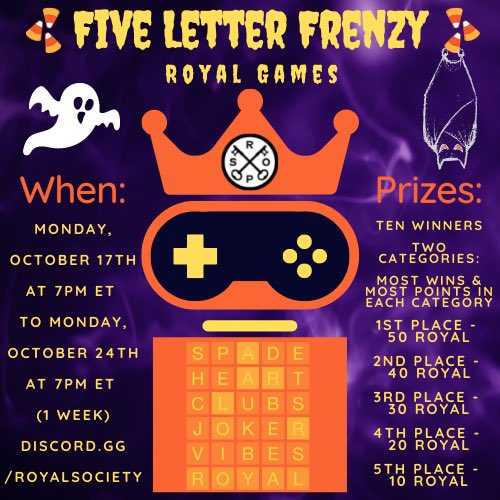 RoyalSocietyOP's tweet photo. More #RSOP Community fun starts tonight! 👻 #RoyalGames
Five Letter Frenzy! Our community loves playing games, talking trash, and earning ROYAL/RLP for their monthly house teams! ❤️♠️♦️♣️
#CompetitiveStaking #NFTs
#nftgames #nftgaming #NFT
Play Games, Earn #ROYAL 👑 https://t.co/xDSfnSJyjS