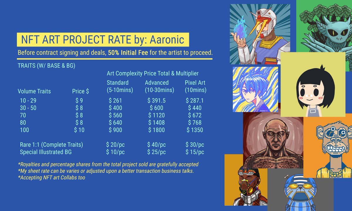 ART COMMISSION RATES 🧵 

GM! Here is my independent NFT Art Project Commission Sheet.

DM me for instructions &amp; details. 
Thank you!

RT/❤️can help.

#NFT #NFTartist #NFTart #Art #ArtistOnTwitter