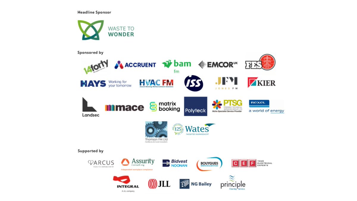 IWFM_Awards's tweet photo. Thank you again to the Headline Sponsor of the #IWFMAwards22 @wastetowonder; &amp; sponsors and supporters @14_forty, @AccruentLLC, @ArcusFM, @AssurityConsult, @BAMConstructUK, @BidvestNoonan, @Bouygues_ES, @cefonline, EMCOR UK, FES Group, @HaysNews, @HVAC_FM_Rec, @IntegralUKLtd https://t.co/iq9DkoCtRf