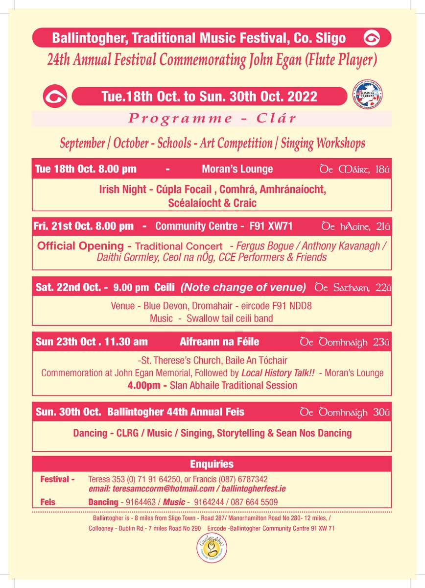 Ballintogher Festival Programme, starting tomorrow 18th Oct in Ballintogher
Details at; ballintogherfest.ie
Tue 18th : Irish Night
Fri 21st Oct: Festival concert in Ballintogher Hall, featuring Fergus Bogue / Anthony Kavanagh/ Daithi Gormley, Ceol na nOg, CCE Performers &amp;