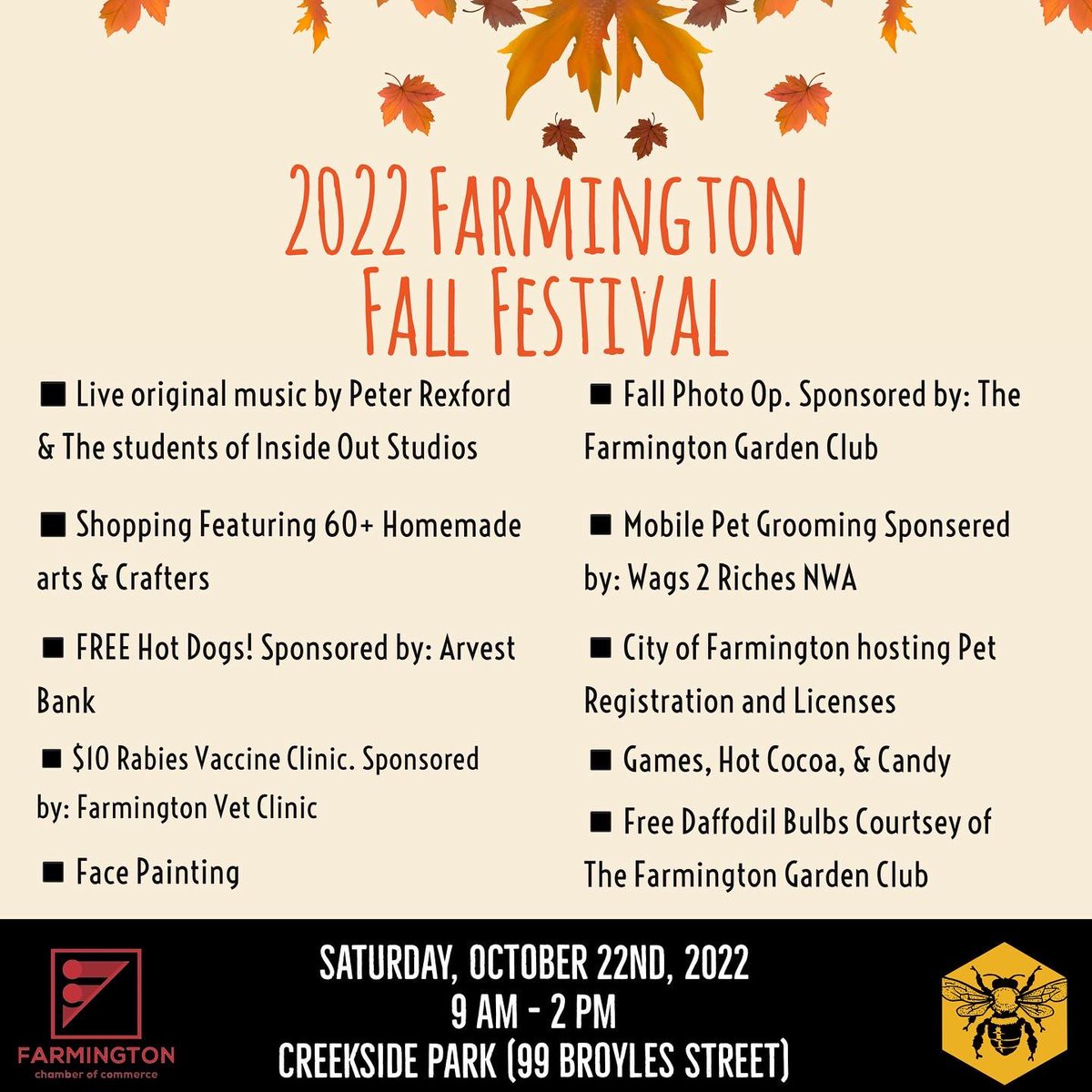 BusyBeesNWA's tweet photo. This Saturday from 9AM to 2PM we will be celebrating our Farmington Fall Festival at Creekside Park! Come to 99 Broyles St for a day of community, shopping, games, candy, hot dogs, live music, and more. 🎃 https://t.co/AJaTn8fFQn