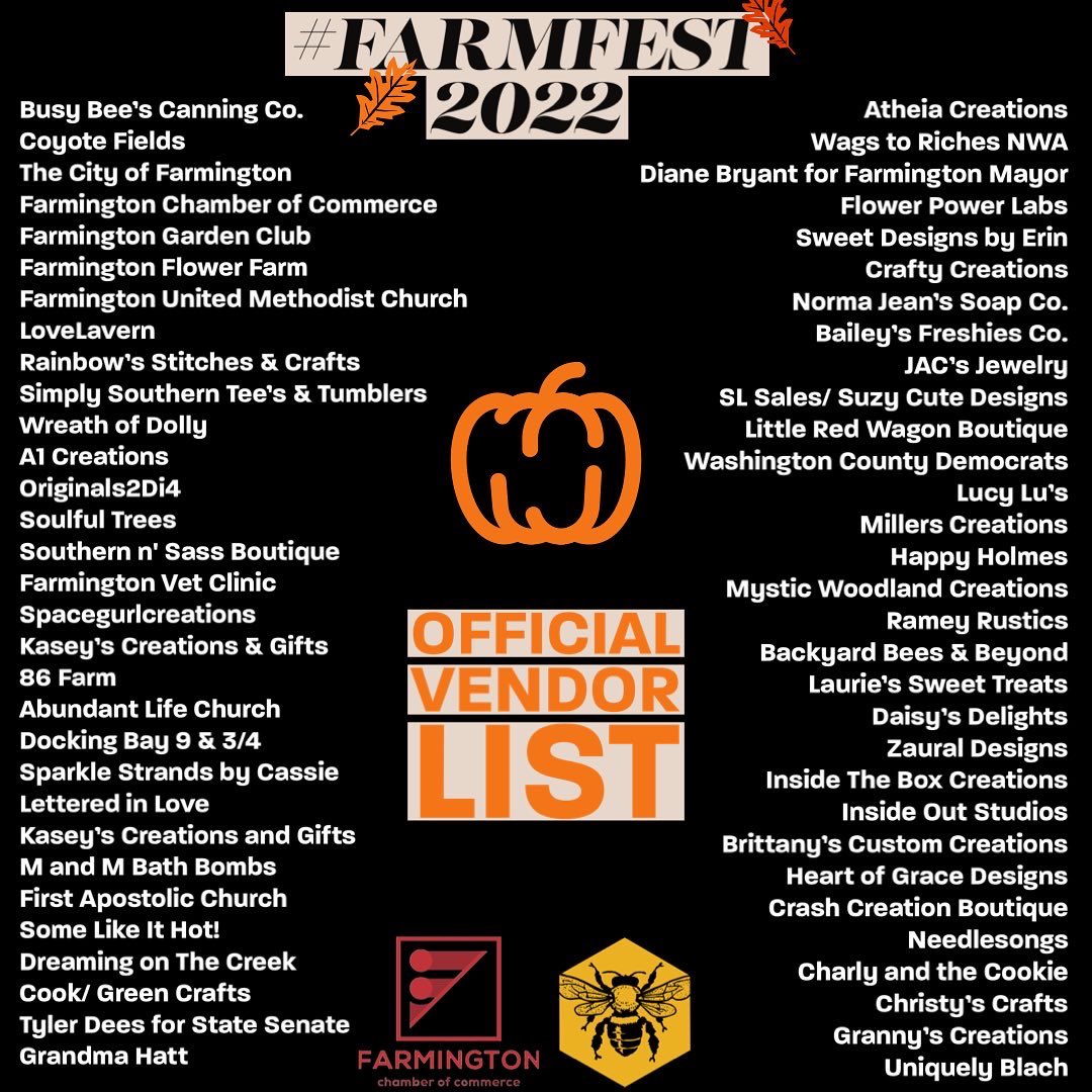 BusyBeesNWA's tweet photo. This Saturday from 9AM to 2PM we will be celebrating our Farmington Fall Festival at Creekside Park! Come to 99 Broyles St for a day of community, shopping, games, candy, hot dogs, live music, and more. 🎃 https://t.co/AJaTn8fFQn