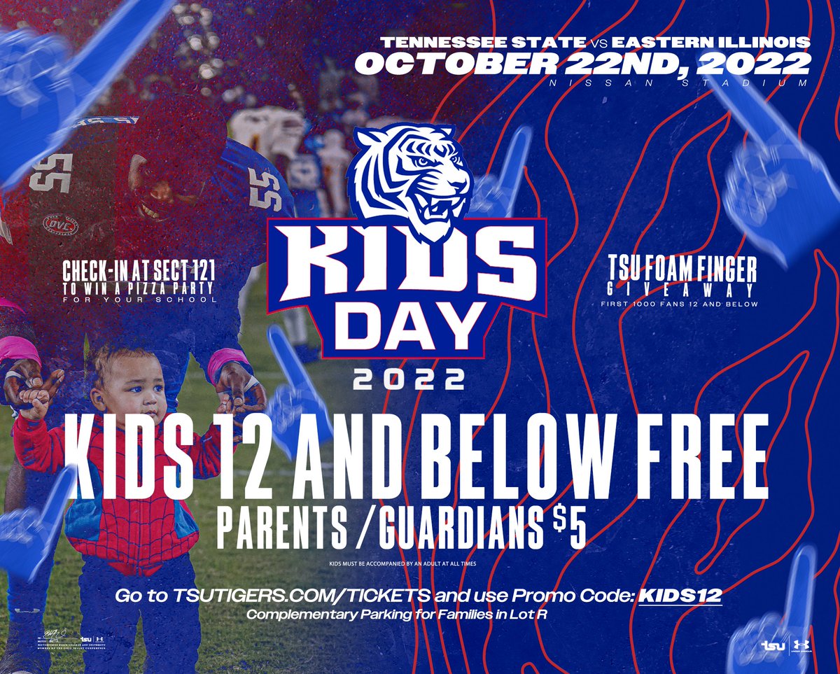 Join us for Kids Day at @NissanStadium THIS Saturday as @TSUTigersFB hosts EIU at 2 PM. Kids 12 and under are FREE and parents/guardians are just $5. Visit TSUTigers.com/Tickets to purchase your tickets today and use promo code — KIDS12 🎟 am.ticketmaster.com/tsutigers/ism/…