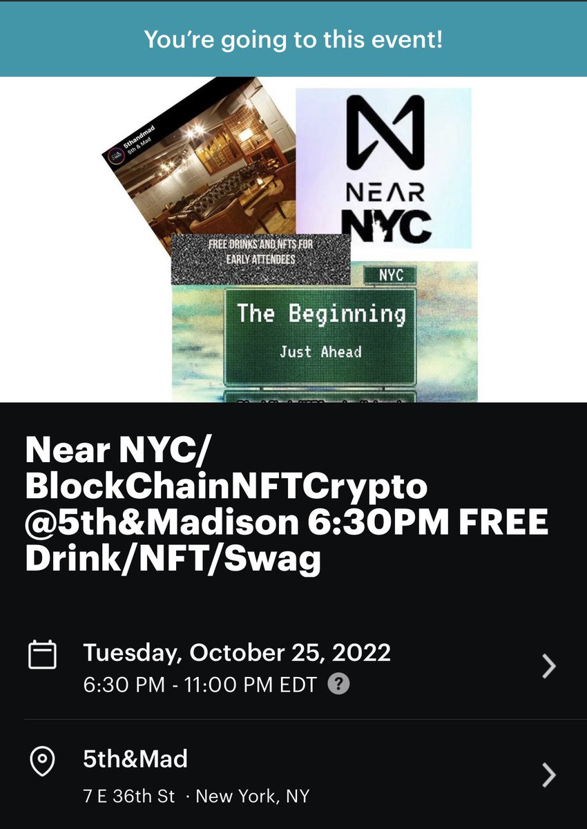 NFTfarming1's tweet image. We are having event with Near protocol NYC FREE drinks/nfts/swag  Tuesday 10/25 6:30PM Rsvp here meetu.ps/e/LpVFs/vWgbh/i #NFTNYC #mainnet2022