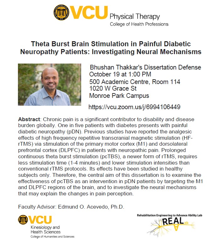 Bhushan Thakkar <a href="/ThakkarBhushan/">Bhushan Thakkar PT, PhD</a> will defend his PhD research on brain stimulation to treat painful diabetic neuropathy on Wed Oct 19 at 1 pm EST. Join us via zoom or in person!  <a href="/vcuchp/">VCU College of Health Professions</a> <a href="/vcukhs/">VCU Dept of Kinesiology and Health Sciences</a> <a href="/VCU_BME/">VCU Biomedical Engineering</a>
 #pain #neuro