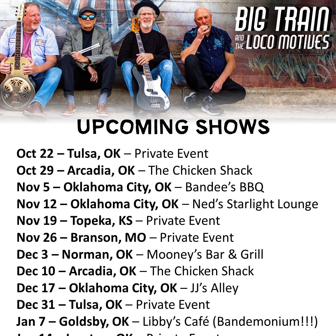 BigTrainBlues's tweet photo. HEY LOCO FANS - We have a private event this weekend. Be sure to check the schedule for later dates where we're going to be at a festival or watering hole near you sometime soon.
#LiveMusicOklahoma
#LiveMusicOklahomaCity
#OKCLiveMusic
#OklahomaCityLiveMusic
#OklahomaLiveMusic https://t.co/VCYjVKzbA9