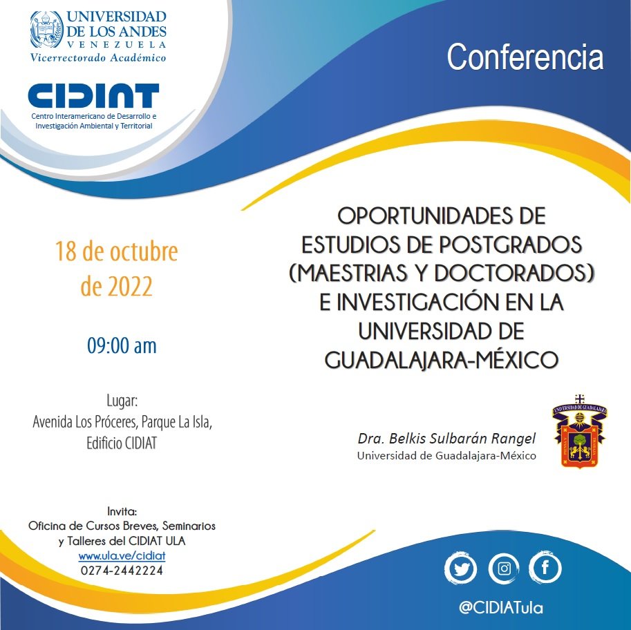 Amigos están todos cordialmente invitados, mañana 09:00 am la Dra. Belkis Sulbarán Rangel hablará sobre las Oportunidades de estudios de postgrado e investigación en la Universidad Guadalajara-México <a href="/PrensaULA/">Noticias Prensa ULA Cuenta Oficial</a> <a href="/IngenieriaULA/">Fac. Ingeniería ULA</a> <a href="/ambienteula/">Comisión Central de Coordinación Ambiental ULA</a> <a href="/CDCHTA/">CDCHTA ULA</a>