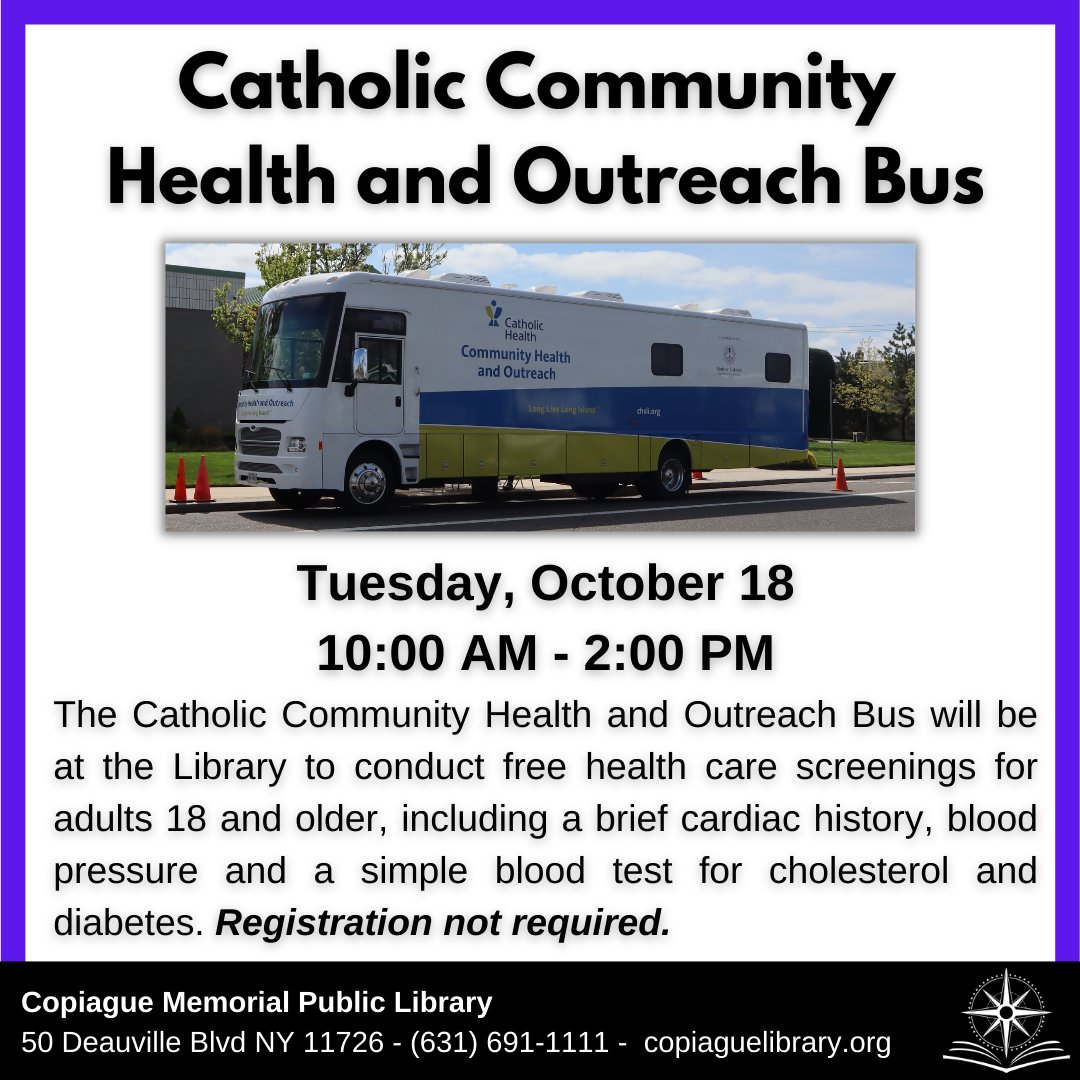 CopiagueLibrary's tweet image. Copiaguelibrary.org
#CopiagueNY #CatholicCommunityHealth #Copiaguelibrary