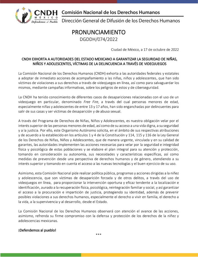 CNDH's tweet photo. Exhortamos a autoridades del Estado mexicano a garantizar la seguridad de niñas, niños y adolescentes, víctimas de la delincuencia a través de videojuegos.

#DefendemosAlPueblo https://t.co/dXOZOAKKTa