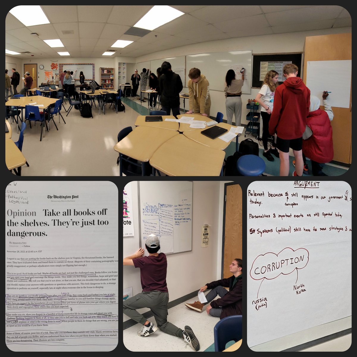 Pairing <a href="/petridishes/">Alexandra Petri</a>'s opinion peice "Take all books off the shelves. They're just too dangerous" w/ discussion about why Animal Farm remains relevant today. Ss annotated in groups. Noted: main idea,supports, inference &amp; SATIRE! 💡"Wait a minute, she doesn't want to ban books?"