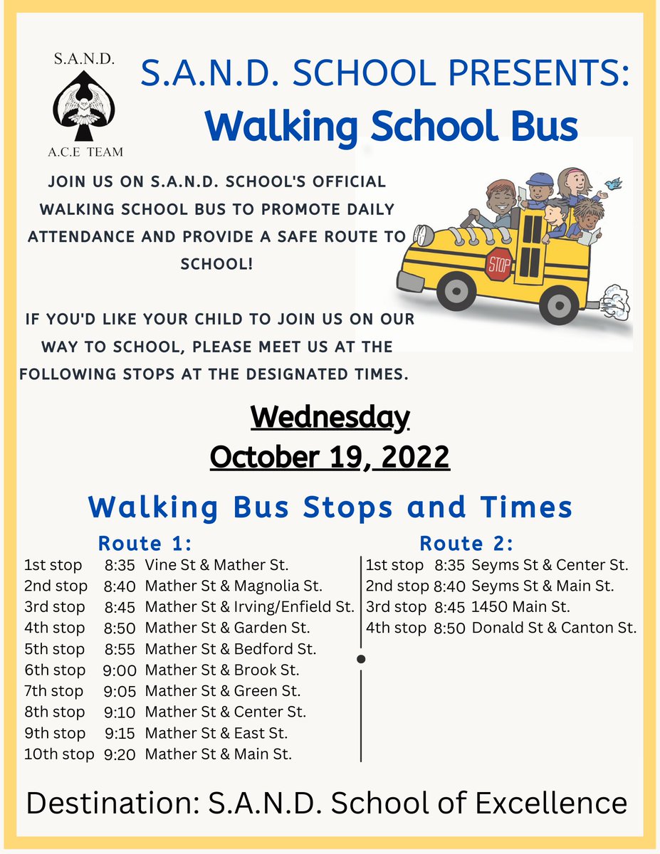 sandhartford's tweet photo. S.A.N.D. School ACE Team announces... our FIRST Walking School Bus! #AllDayEveryDay #WhateverItTakes @Hartford_Public @HartfordSuper https://t.co/FWXMmDIhMl