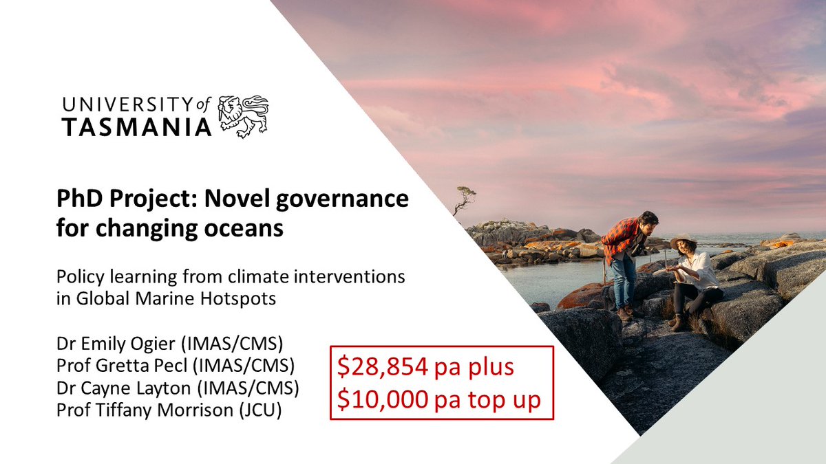 #PhD project on an important & exciting topic- what enhances or hinders policy learning for more responsible interventions to address #Marine #ClimateChange? 🌟Scholarship PLUS *$10k* per year top up 🌟 utas.edu.au/research/degre… With the fab Emily Ogier utas.edu.au/profiles/staff…
