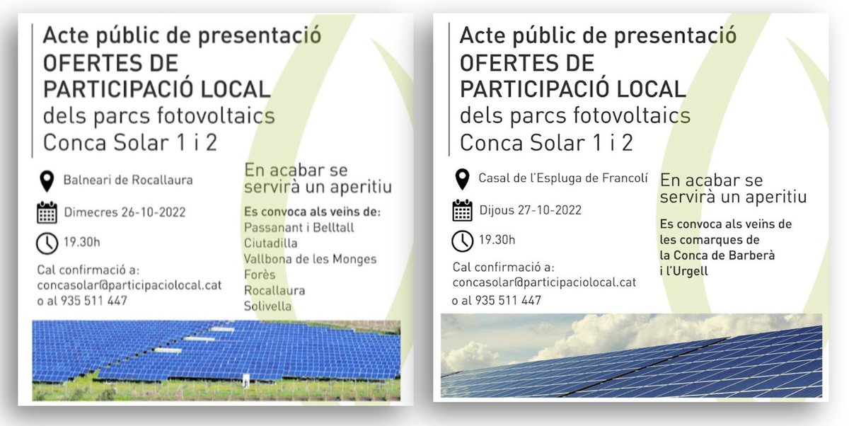 Ecrowdinvest's tweet image. Actes públics de presentació de les Ofertes de Participació Local dels parcs fotovoltaics &quot;Conca Solar 1&quot; i &quot;Conca Solar 2&quot;:
⏰dc 26-10 19.30h al Balneari de Rocallaura
⏰dj 27-10 19.30h al Casal de l&apos;Espluga de Francolí
Inscripcions i informació: concasolar@participaciolocal.cat