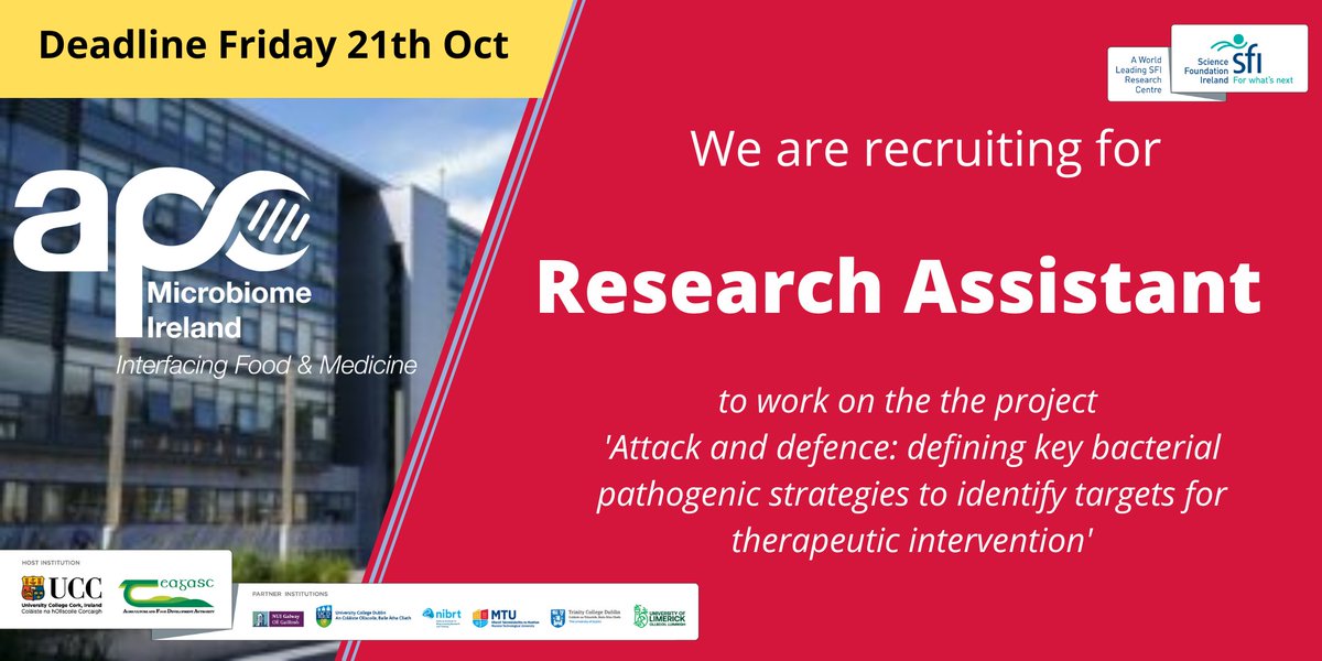 Research Assistant required for 5 year post in APC's Massey Lab for project 'Attack and defence: defining key bacterial pathogenic strategies to identify targets for therapeutic intervention'
Deadline 12 noon Fri, 21 Oct 
<a href="/ProfRuthMassey/">Ruth Massey</a>
Search 060791 on ore.ucc.ie