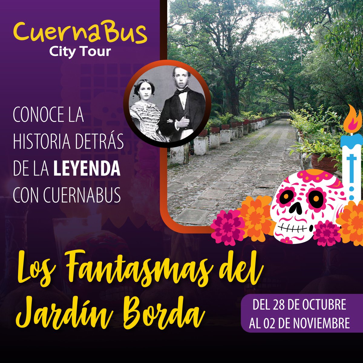 PullmanDeMorOf's tweet photo. ¡Ven a conocer la historia detrás de la leyenda de 👻 #LosFantasmasdeJardinBorda!
Del 28 de Octubre al 02 de Noviembre, una experiencia aterradora que te brinda #Cuernabus https://t.co/HTKhhLajOD