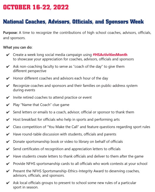 Join others in the high school community who this week are celebrating the contributions of high school coaches, advisors, officials, and sponsors. Use our helpful list of recommendations below for ways celebrate. #HSActivitiesMonth #CaseForHighSchoolActivities