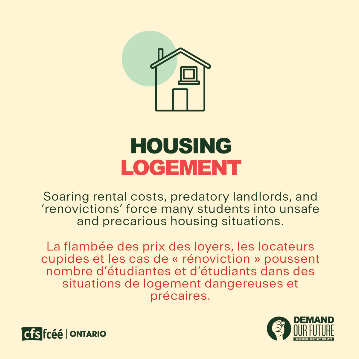 CFSON's tweet photo. Access to decent housing is our right, and we demand municipal governments commit to addressing the current housing crisis. #DemandOurFuture! https://t.co/sfuBSgMhuT