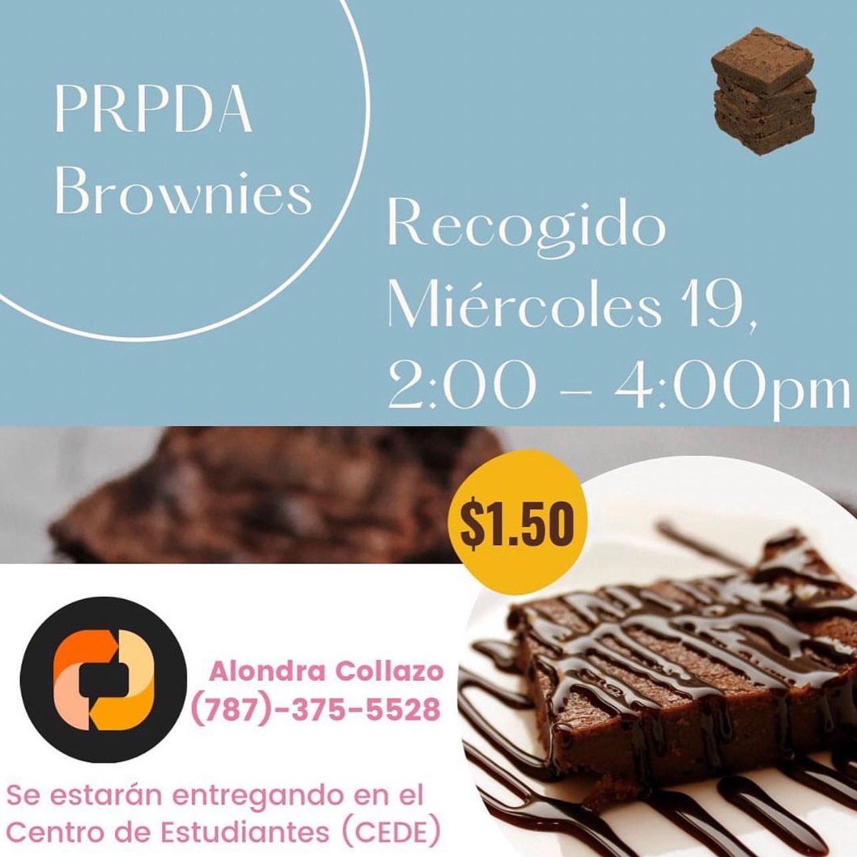 predentales's tweet photo. Saludos toritxs,

Este miércoles, 19 de octubre de 2:00-4:00pm PRPDA estará entregando y vendiendo brownies en el recibidor del Centro de Estudiantes. Además, PRPDA se unió al Red Ribbon Week. ¡Esperamos verles! 😁

No olviden que ya comenzó la recolecta para ayudar a Villa Coquí https://t.co/zjdNzSpYja
