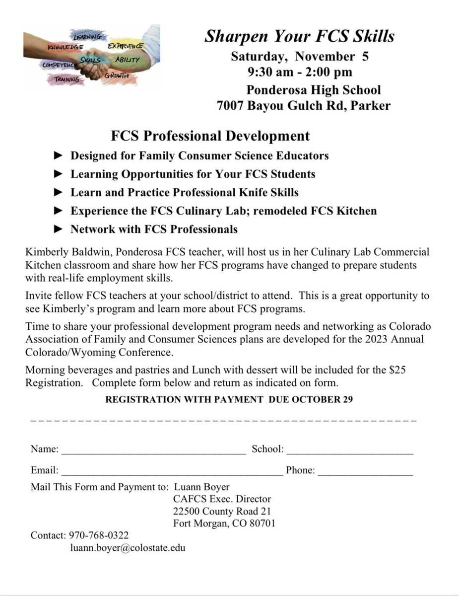 aafcsCO's tweet photo. Looking for in-person PD?  Register for CAFCS-sponsored “Sharpen Your FCS Skills” workshop on Sat, 11/5 at Ponderosa HS. Hear from AAFCS Teacher of Year Merit Finalist, Kimberly Baldwin about her program &amp; check out new facility. A great value @ $25! #FCSsuccess #ElevateFCS https://t.co/bQDTiD1uj0