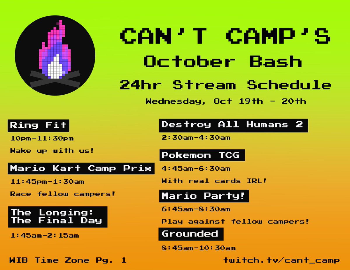 Cant_Camp's tweet photo. We’re only a few days away from our October Bash #24HourStream!!! If you’re trying to decide when to tune in here is our game schedule! We have interactive opportunities, indie, horror, and an Animal Crossing Halloween Party with mini games, prizes and more! Can’t wait!!! https://t.co/VNwvcsLP1C
