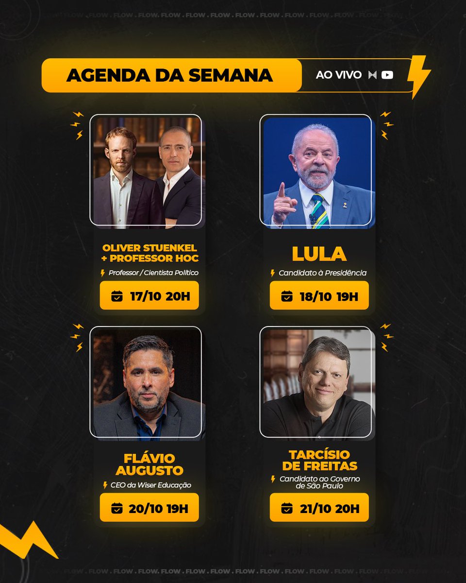 flowpdc's tweet photo. AGENDA DA SEMANA:

• SEGUNDA 17/10 20h00 - @OliverStuenkel + @hoc111 

• TERÇA 18/10 19h00 - @LulaOficial 
 
• QUINTA 20/10 19h00 - @GeracaodeValor 

• SEXTA 21/10 20h00 - @tarcisiogdf 

🌻💛 https://t.co/GEGGXeUZsx