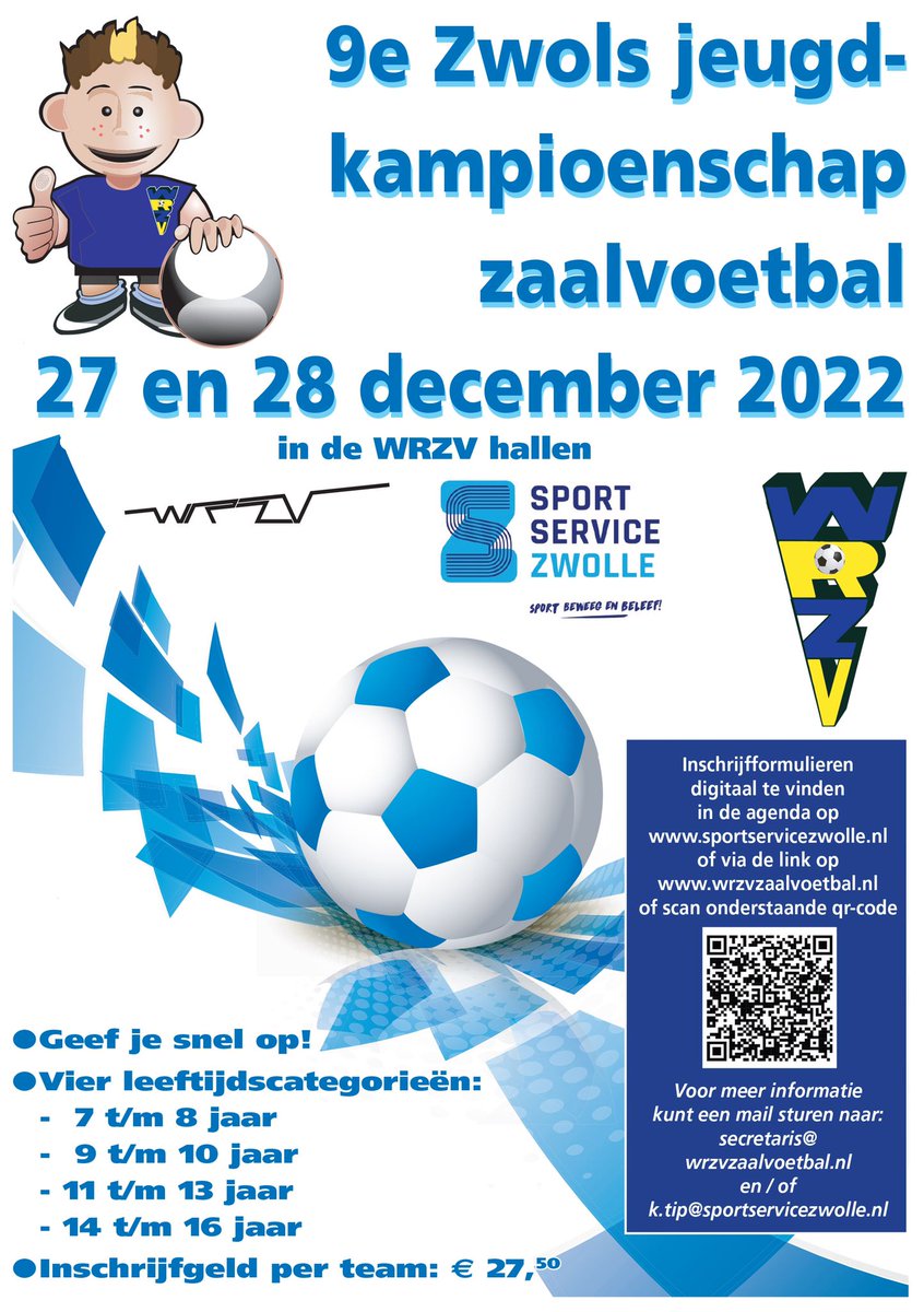 Komende kerstvakantie organiseren wij als WRZV Zaalvoetbalvereniging weer het 9e Jeugdkampioenschap op 27&amp;28 december 2022,
Opgeven kan via: wrzvzaalvoetbal.nl, k.tip@sportservicezwolle.nl, of scan de QR Code.