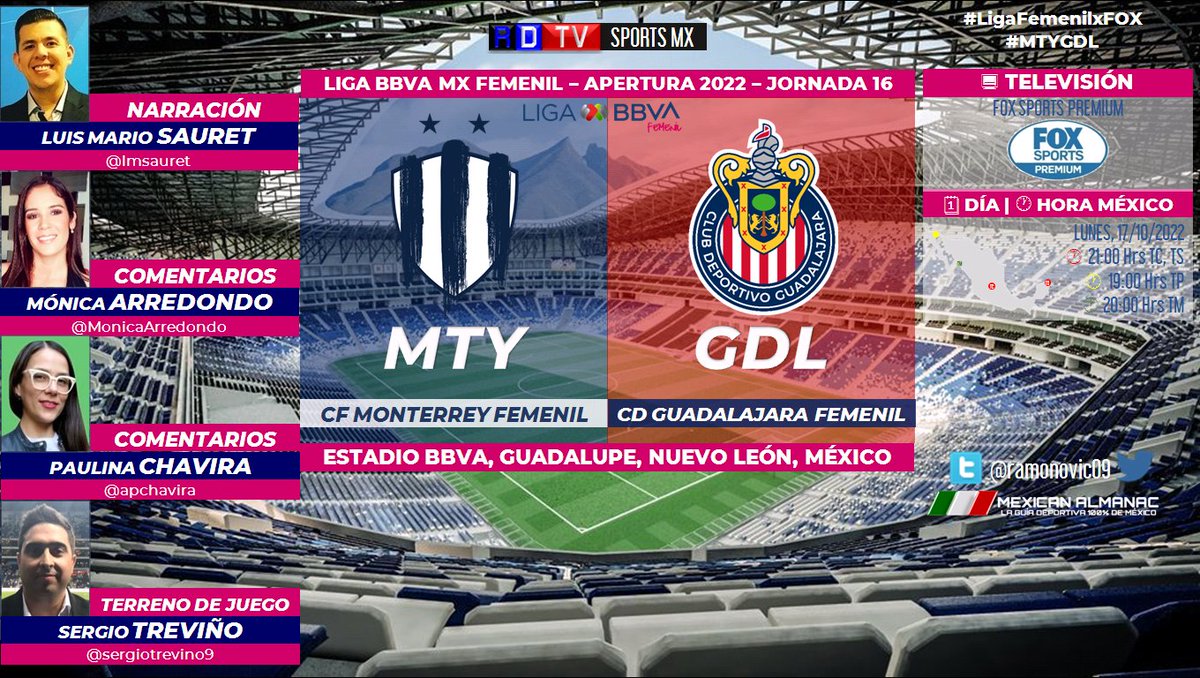 ramonovic09's tweet photo. 🇲🇽 #LigaBBVAFemenilMX #A22 #Jornada16 | @Rayadas 🆚 @ChivasFemenil

#Chivas #Rayadas
🗓️ Hoy
🇲🇽 ⏰ 21:00 Hrs TC, 19:00 Hrs TP
📺 #FSPremiumMX
🎤 @lmsauret
🎤📝 @MonicaArredondo
🎤📝 @apchavira
🎤⛳ @sergiotrevino9

#LigaFemenilxFOX #MTYGDL https://t.co/NtqszaGH8P