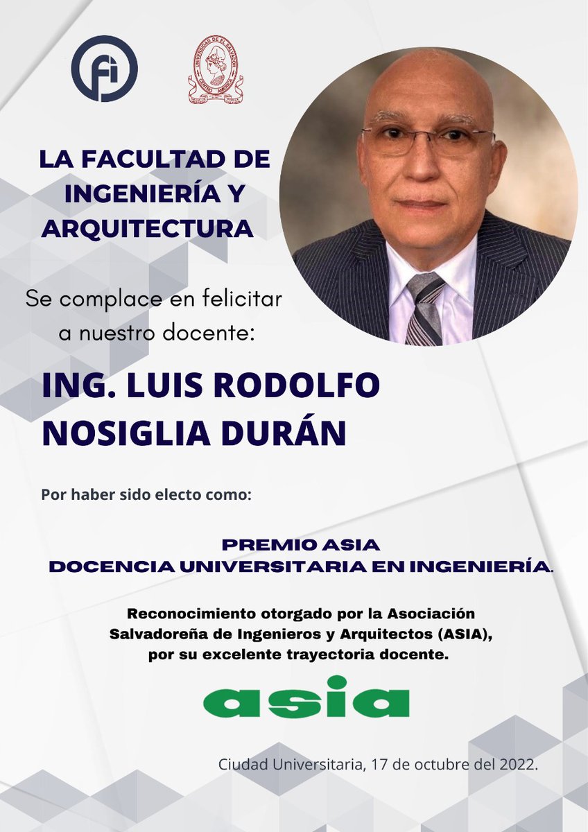 Felicidades al Ingeniero Rodolfo Nosiglia, docente del Departamento de Estructuras de la Escuela de Ingeniería Civil