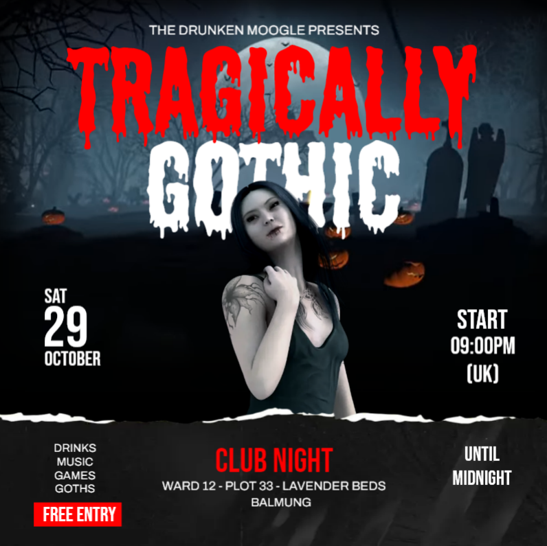 _drunkenmoogle's tweet photo. Our annual Halloween Club night has gone full goth. JOIN US. #crystalrp #balmungrp #FFXIVRP https://t.co/dN0u8BgKpo